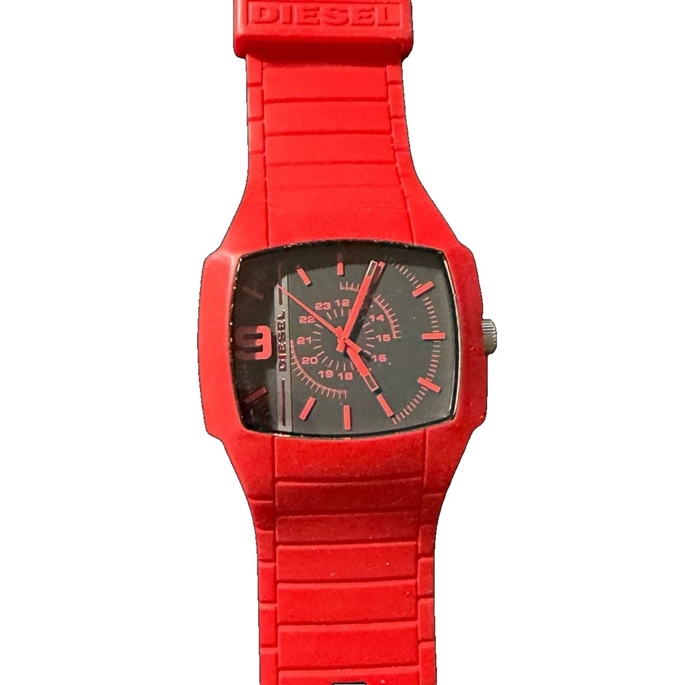 Diesel Men's Red Silicone Watch DZ1371 Quartz Black Dial Rectangle Case